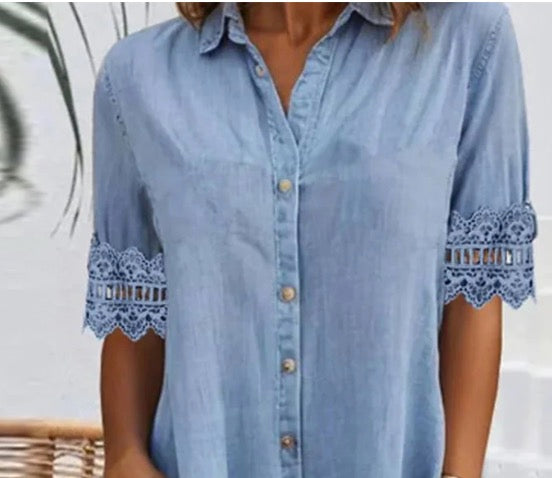 🎁Limited time 50% OFF⏳Blue Plain Collared Lace Trim Denim MIni Dress