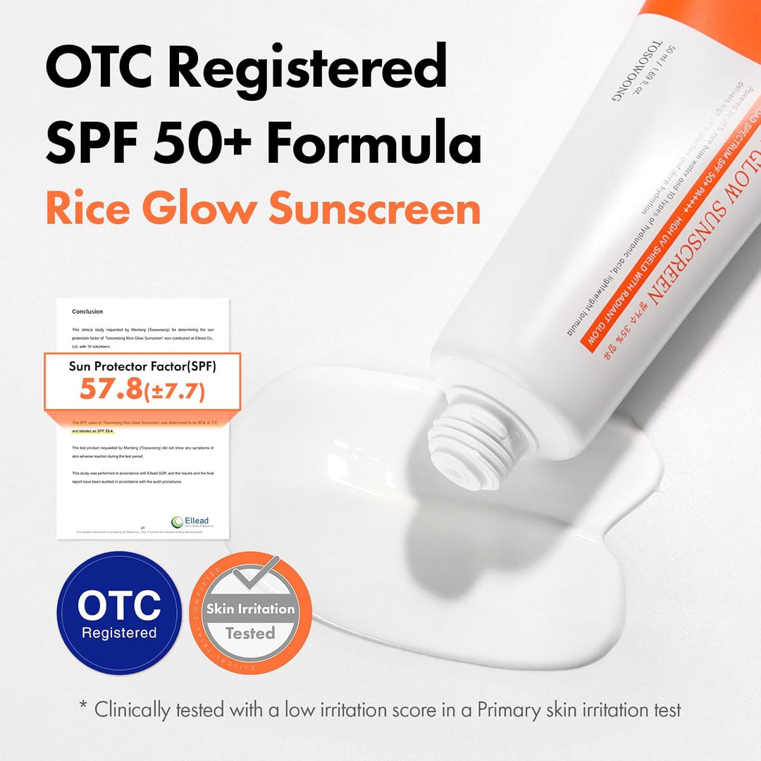 TOSOWOONG Rice Glow Sunscreen, SPF50+ Broad Spectrum Korean Sunscreen for Face, Dewy Finish No White Cast, Glass Skin Hydrating SPF Moisturizer with Rice Water &amp; Hyaluronic Acid, 50ml / 1.69 fl. oz.