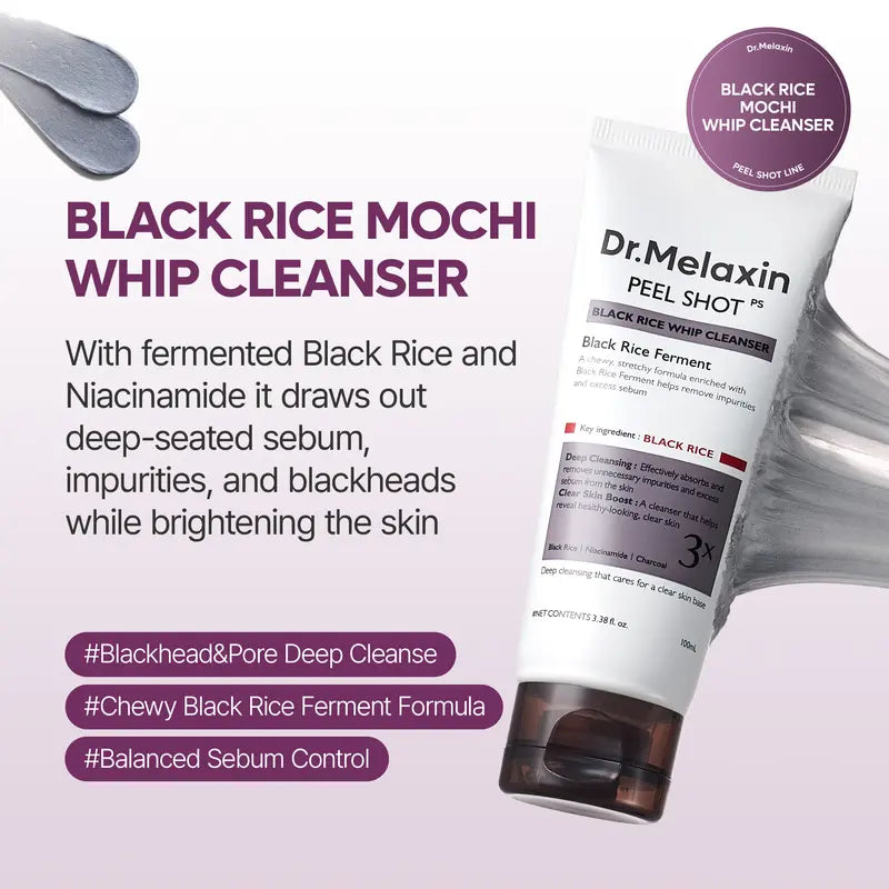 [Dr.melaxin Virallinen] Peel Shot Black Rice Mochi Whip Cleanser 100ml, joka on kehitetty mustapäille, tukkeutuneille ihohuokosille, ylimääräiselle talille ja samealle iholle.