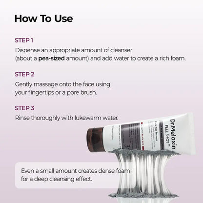 [Dr.melaxin Virallinen] Peel Shot Black Rice Mochi Whip Cleanser 100ml, joka on kehitetty mustapäille, tukkeutuneille ihohuokosille, ylimääräiselle talille ja samealle iholle.