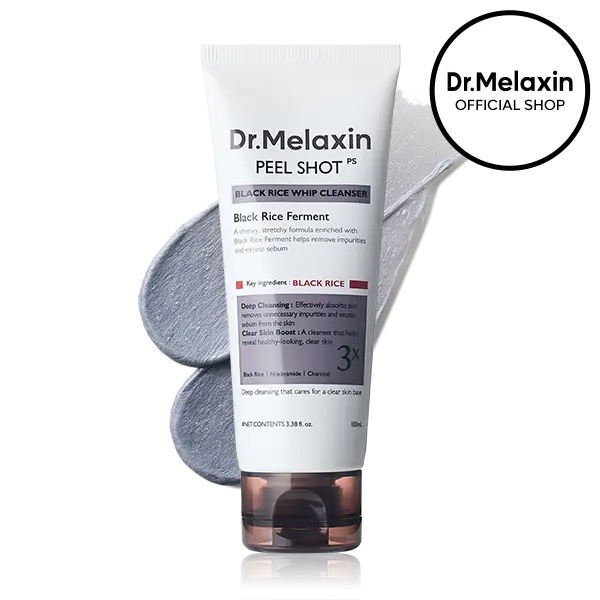 [Dr.melaxin Virallinen] Peel Shot Black Rice Mochi Whip Cleanser 100ml, joka on kehitetty mustapäille, tukkeutuneille ihohuokosille, ylimääräiselle talille ja samealle iholle.