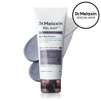 [Dr.melaxin Virallinen] Peel Shot Black Rice Mochi Whip Cleanser 100ml, joka on kehitetty mustapäille, tukkeutuneille ihohuokosille, ylimääräiselle talille ja samealle iholle.